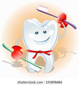 A vector illustration of healthy tooth in fighter belt with two tooth brushes