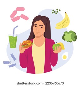 Vector illustration of healthy and unhealthy food. Cartoon scene with a girl who is thinking which food is better to eat healthy or unhealthy on white background.