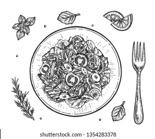 Vector illustration of healthy vegan lunch set. Top view of salad bowl with cut onion, pepper, cucumber, tomato, mushrooms, lettuce, spice leaves, lemon slices and fork. Vintage hand drawn style.