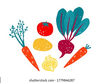 Vector illustration of healthy vegetables. Cartoon bright beetroot with leaves, potato, tomato, onion and carrots in print flat style isolated on white, eat local organic products.