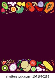 Vector illustration of healthy vegetarian food background with fruits, vegetables, seeds, bread, mushrooms, spices, herbs  and nuts