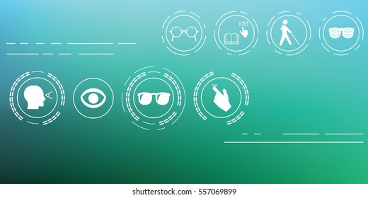 vector illustration / healthy vision icons / eye problems and vision tests with glasses and lenses on blurred background / horizontal banner