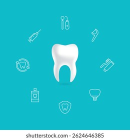 Vector illustration of a healthy white tooth surrounded by dental icons such as syringe, toothbrush, toothpaste, mouthwash, implant, and mirror on turquoise background. Suitable for dental care