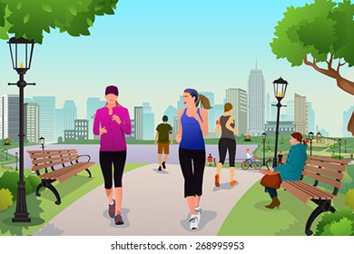 A vector illustration healthy women running in a park