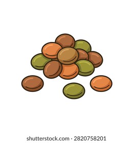 A vector illustration of a heap of brown and green dry lentils isolated on a white background