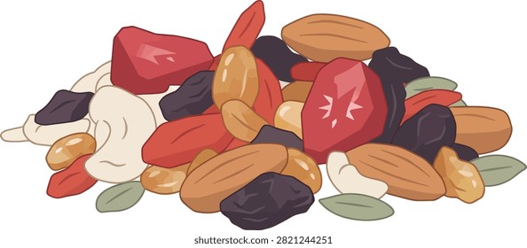 Vector Illustration of Heap of Mixed Nuts, Dried Fruits, Berries, and Seeds Isolated on White Background