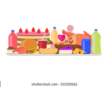Vector illustration heap set of colorful food. Harmful to health snack. Drinks, sweets and fatty meal. Picture, drawing isolated on white background. Flat style. Junk nutrition.