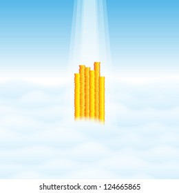 Vector illustration of heaps of gold coins towering through the highest of clouds, with rays of light shining upon them.