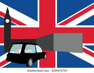 Vector illustration of a hearse carrying a coffin overlaid with an English flag. Hearse, grief, death, weeping, funeral. Grief in England. Background made of English flag, black hearse, coffin.