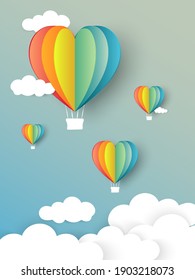 vector illustration with heart air balloon rainbow made origami float over blue sky,Paper art style.Vector symbols of love for Happy Women's, Mother's, Valentine's Day, birthday greeting card design. 