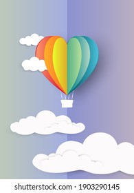 ilustración vectorial con el arco iris de globo aerostático de aire cardíaco hizo que el origami flotara sobre el cielo azul, estilo de arte de papel.Símbolos vectoriales del amor por las mujeres felices, madres, Día de San Valentín, diseño de tarjetas de felicitación de cumpleaños.