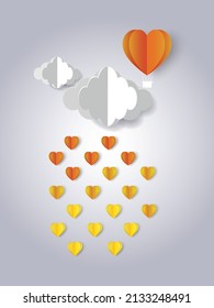 Vektorgrafik mit Herz-Luft-Ballon und die Herzen Regen fällt von Wolken gemacht Origami, Papier Art Stil, Rainy-Saison, Papier Schnitt und Handwerk Stil.