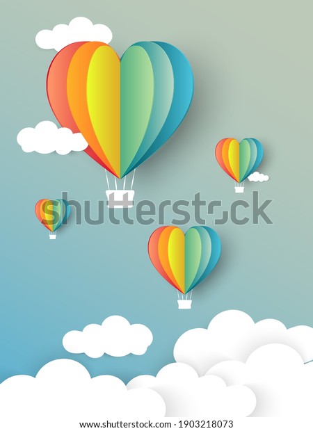 vector illustration with heart air balloon rainbow made\
origami float over blue sky,Paper art style.Vector symbols of love\
for Happy Women\'s, Mother\'s, Valentine\'s Day, birthday greeting\
card design. 