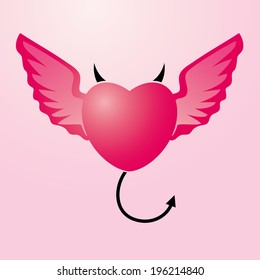 Vector Illustration of heart with angel's wings and devil's horns and tail