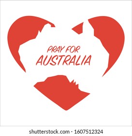 Vector Illustration: Heart And Australia Map Silhouette. Support For Volunteer, Charity Or Relief Work After Wildfire. Text: Pray For Australia.
