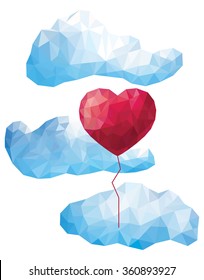 Vector illustration heart balloon in the clouds in the style of a triangular low poly isolated on white