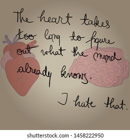 Vector illustration of a heart and brain, english text, heart vs brain