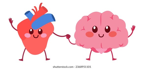 Vector illustration of Heart and brain friends. Mascot characters representing reason and feelings concept