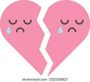 Vector illustration of a heart broken into two pieces. Hearts with sad faces for breakup and separation. Couple problems.