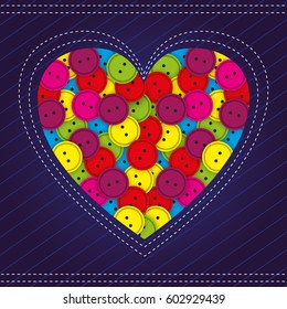 Vector illustration of heart with buttons on a denim background.