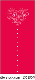 Vector illustration of heart from calligraphic "AMORE" written in italian, on red background for Valentine`s Day cards, wedding design, invitations, greetings, posters, flyers, banners, prints, web.