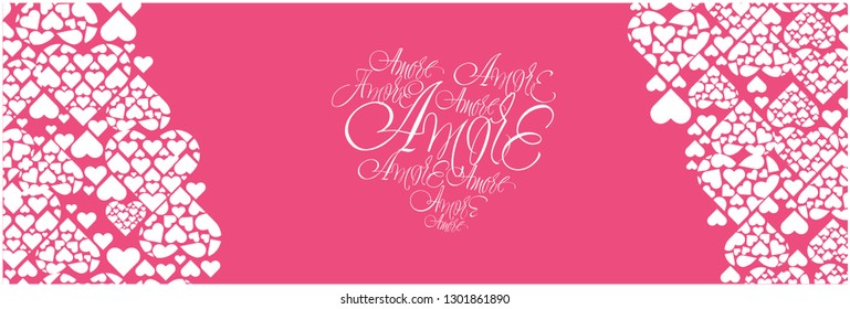 Vector illustration of heart from calligraphic "AMORE" written in italian, on pink background for wedding design, Valentine`s Day cards, greetings, invitations, posters, flyers, prints, banners, web.