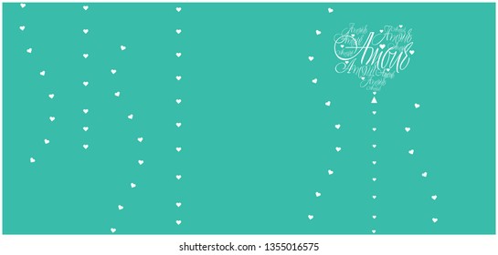 Vector illustration of heart from calligraphic "AMOUR"- mean LOVE, written in French, on turquoise background for Valentine`s Day cards, posters, prints, greetings, invitations, wedding design, web. 