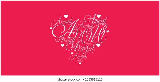 Vector illustration of heart from calligraphic "AMOUR"-mean LOVE, written in french, on red background for Valentine`s Day cards, invitations, greetings, posters, prints, banners, wedding design, web.