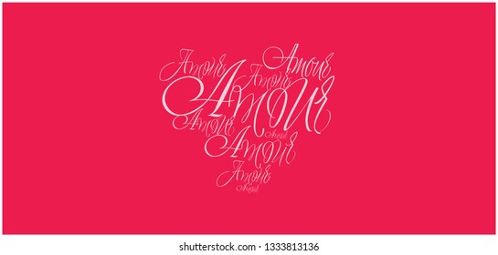 Vector illustration of heart from calligraphic "AMOUR"-mean LOVE, written in french, on red background for Valentine`s Day cards, invitations, greetings, posters, prints, banners, wedding design, web.