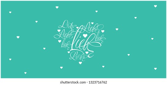 Vector illustration of heart from calligraphic "LIEBE"- mean LOVE, written in German, on turquoise background for Valentine`s Day cards, wedding design, greetings, invitations, posters, prints, web.