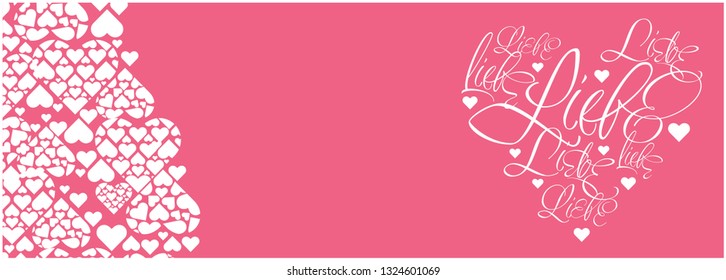 Vector illustration of heart from calligraphic "LIEBE"- mean LOVE, written in German, on pale pink background for Valentine`s Day cards, invitations, greetings, posters, prints, wedding design, web. 