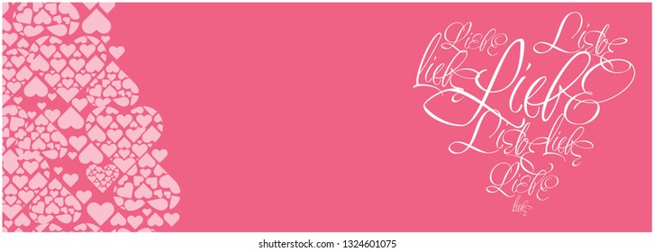 Vector illustration of heart from calligraphic "LIEBE"- mean LOVE, written in German, on pale pink background for Valentine`s Day cards, posters, wedding design, invitations, greetings, prints, web. 