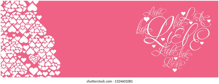 Vector illustration of heart from calligraphic "LIEBE"- mean LOVE, written in German, on pale pink background for Valentine`s Day cards, posters, wedding design, greetings, invitations, prints, web. 