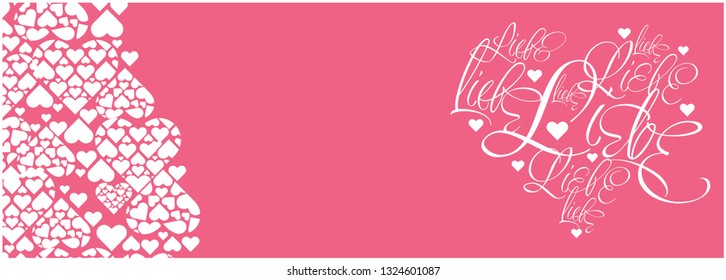 Vector illustration of heart from calligraphic "LIEBE"- mean LOVE, written in German, on pale pink background for Valentine`s Day cards, wedding design, greetings, invitations, prints, posters, web. 