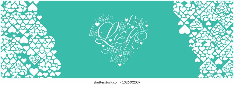 Vector illustration of heart from calligraphic "LIEBE"-mean LOVE, written in German, on greenish blue background for Valentine`s Day cards, wedding design, greetings, invitations, posters, prints, web