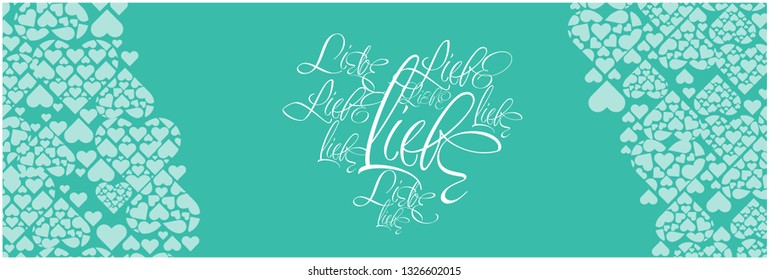 Vector illustration of heart from calligraphic "LIEBE"-mean LOVE, written in German, on greenish blue background for Valentine`s Day cards, wedding design, invitations, greetings, posters, prints, web