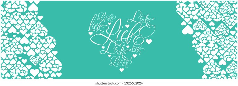 Vector illustration of heart from calligraphic "LIEBE"-mean LOVE, written in German, on greenish blue background for Valentine`s Day cards, wedding design, greetings, invitations, posters, prints, web