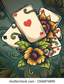 Vector illustration of heart card with flowers and dice