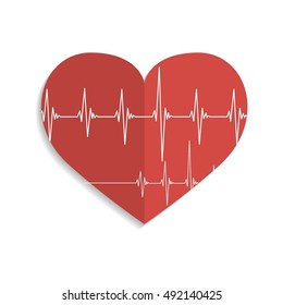 Vector illustration with heart with cardiogram. Red heart on white background. Flat heart  with shadow.