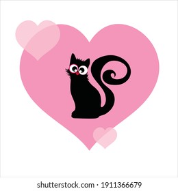 Vector illustration of heart with cat. Symbol of animal, care and love.