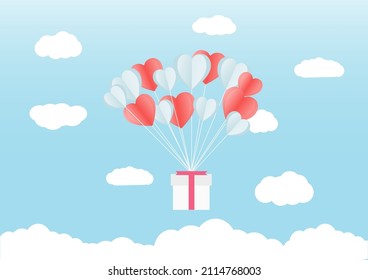 ilustración vectorial colección de corazón con regalo en el cielo, concepto de día de San Valentín o boda, textura de fondo del cielo azul amor