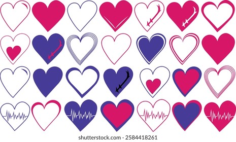 Vector illustration of a heart collection in shades of pink, purple, and white. This diverse set features various heart designs, including outlined, solid, layered, and stylized hearts with thorns, he