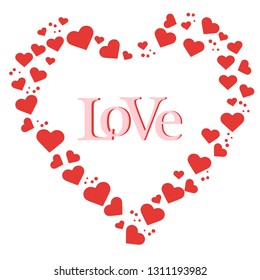 Vector illustration with heart composed of many hearts. Inscription love. Design for banner, poster or print.