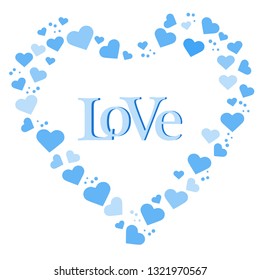 Vector illustration with heart composed of many hearts. Inscription love. Design for banner, poster or print.