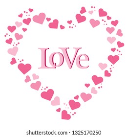Vector illustration with heart composed of many hearts. Inscription love. Design for banner, poster or print.