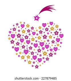 Vector illustration of the heart, composed of stars and hearts.