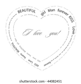 Vector illustration. Heart consisting of words on a love theme.