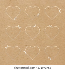 Vector illustration of heart contours on craft paper textured background, valentine card cut out, love symbol