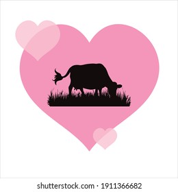 Vector illustration of heart with cow. Symbol of animal, care and love.