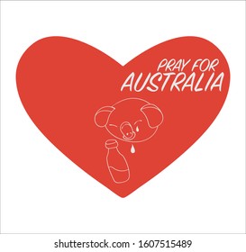 Vector Illustration: Heart And Crying Koala Map Silhouette. Support For Volunteer, Charity Or Relief Work After Wildfire. Text: Pray For Australia.
